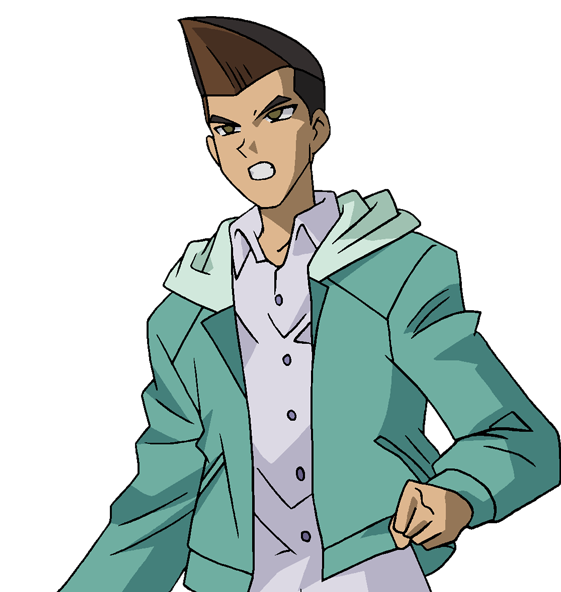 A imagem apresenta um personagem de Yu Gi Oh vestindo um casaco azul. O personagem é o foco da imagem e está em destaque contra um fundo com vários elementos. A imagem não contém nenhum texto ou objetos adicionais além do personagem.